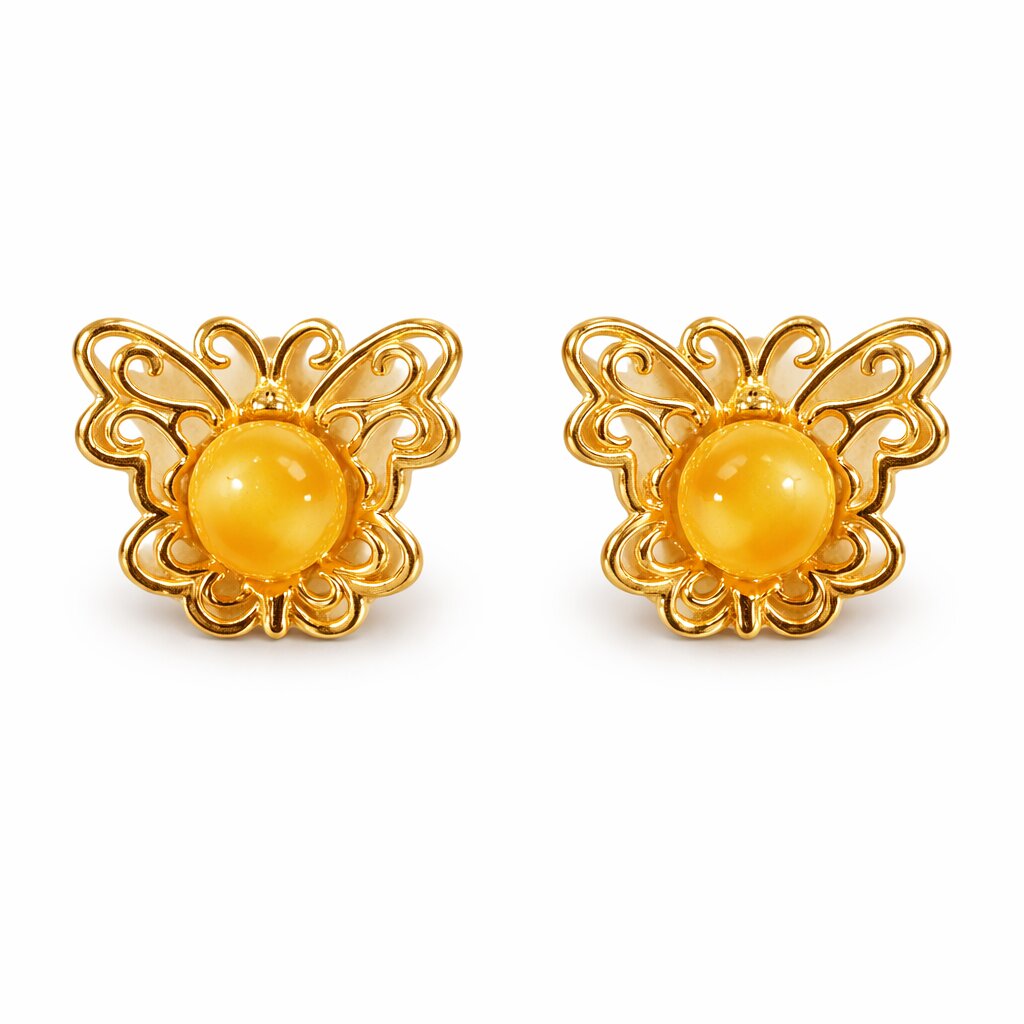 Natürlicher Baltischer Butterscotch-Bernstein Schmetterling Ohrringe 925 Silber Gelbgold