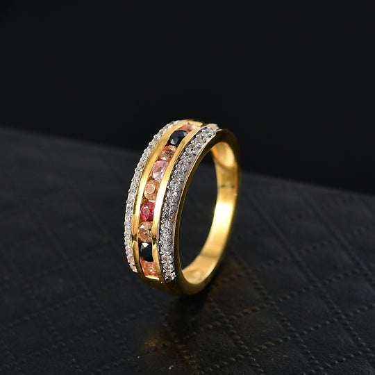 MÜNCHEN CLOSE OUT - AA Mehrfarbiger Saphir, Weißer Zirkon Ring 925 Silber 750 Gelb Vergoldet (Größe 21.00) ca. 1.16 ct