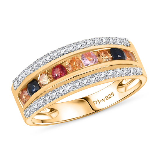 MÜNCHEN CLOSE OUT - AA Mehrfarbiger Saphir, Weißer Zirkon Ring 925 Silber 750 Gelb Vergoldet (Größe 21.00) ca. 1.16 ct
