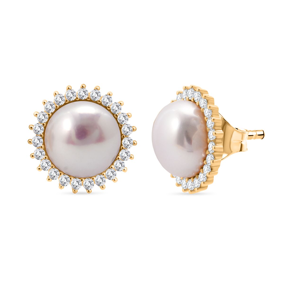 Süßwasser Perle (10 mm), Weißer Zirkonia Ohrringe 925 Silber vergoldet