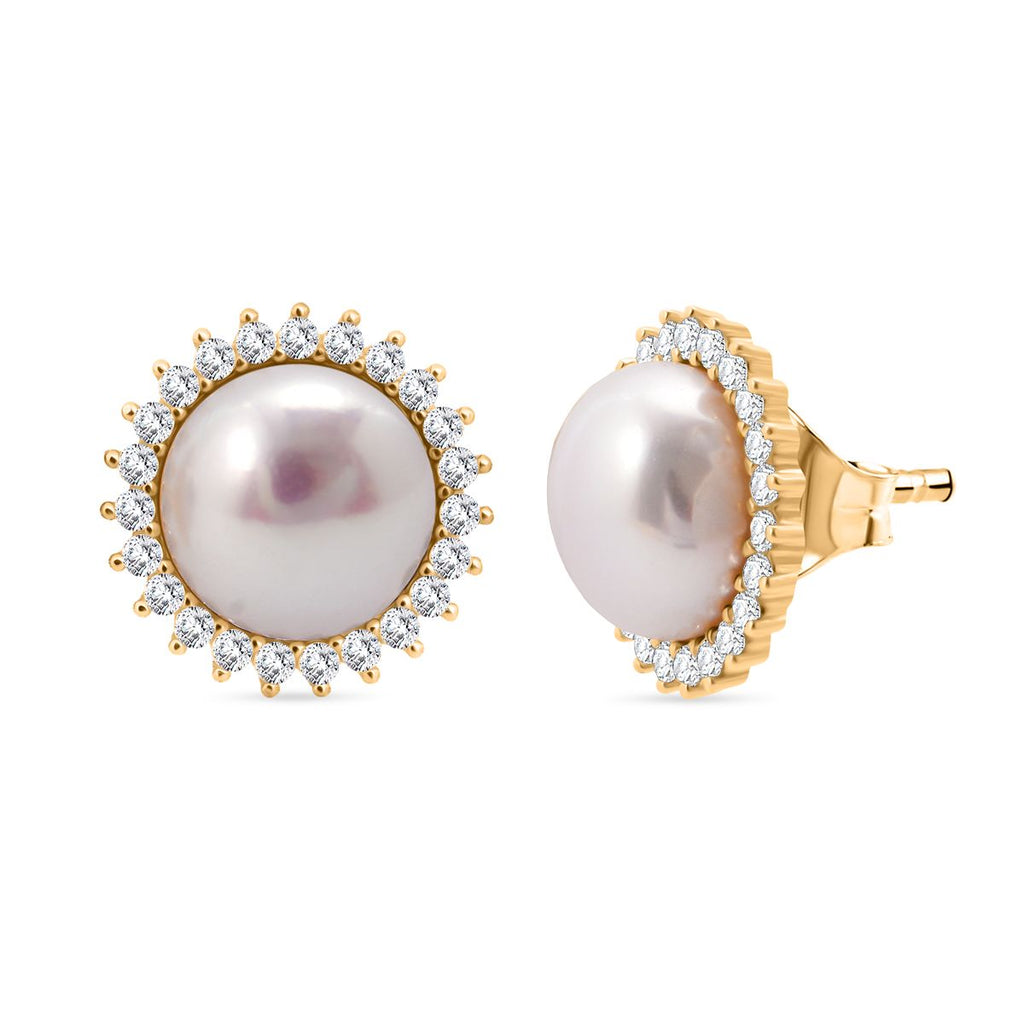 Süßwasser Perle (10 mm), Weißer Zirkonia Ohrringe 925 Silber vergoldet