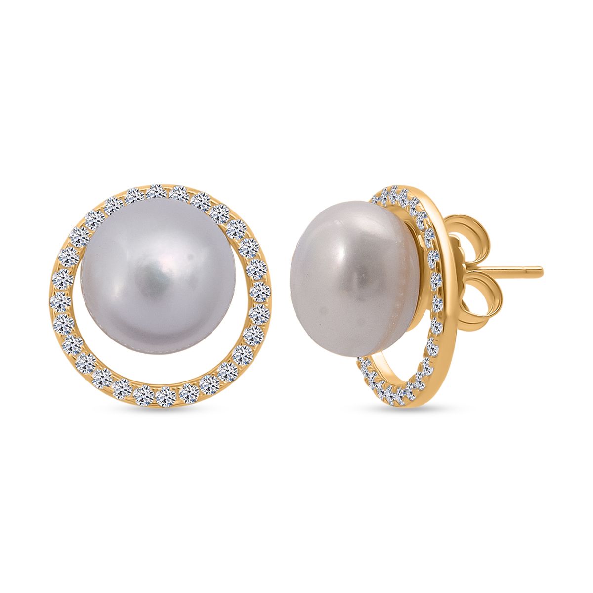 Süßwasser Perle (11 mm), Weißer Zirkonia Ohrringe 925 Silber vergoldet