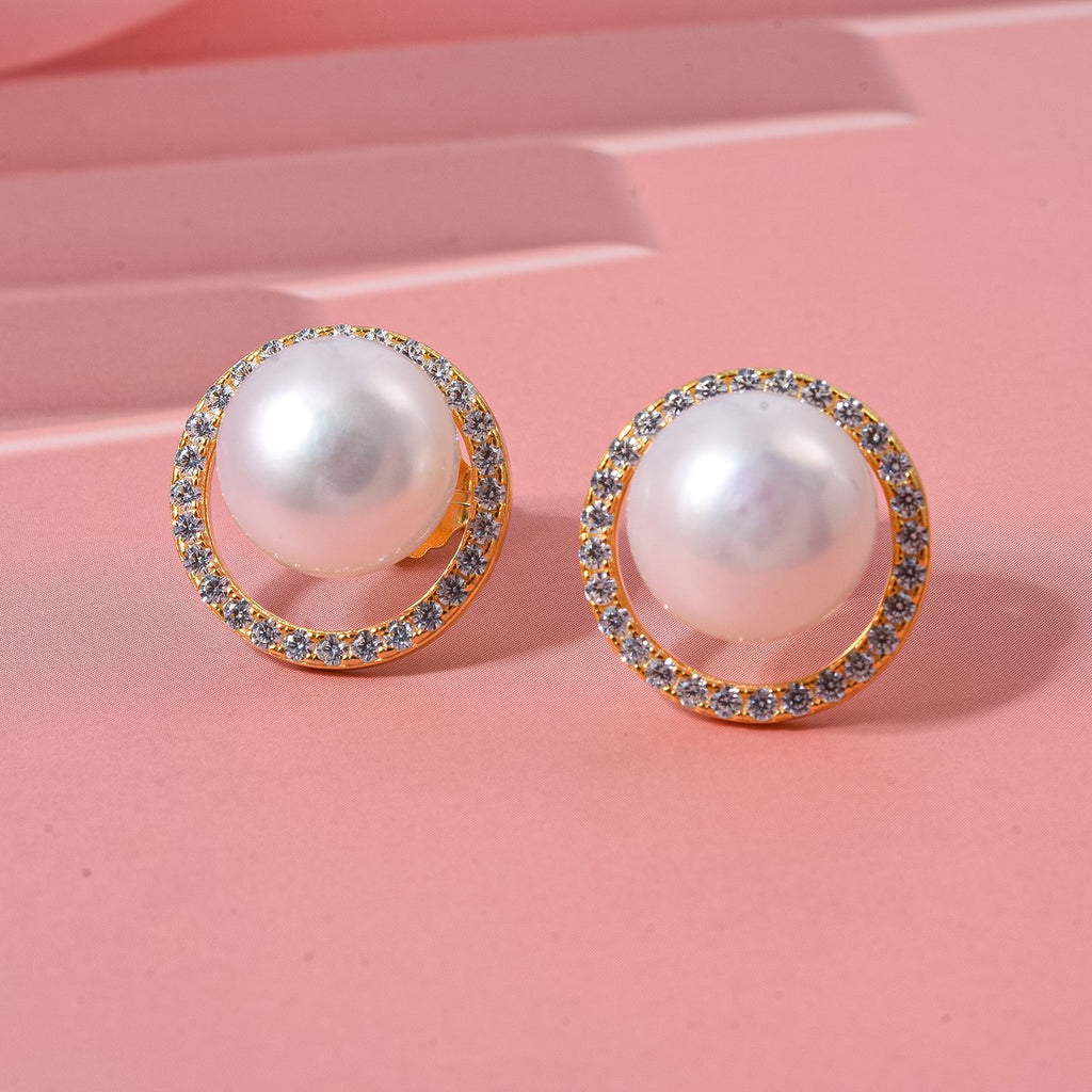 Süßwasser Perle (11 mm), Weißer Zirkonia Ohrringe 925 Silber vergoldet