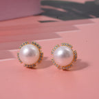 Süßwasser Perle (10 mm), Weißer Zirkonia Ohrringe 925 Silber vergoldet