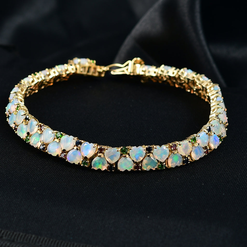 D'Joy Natürlicher, äthiopischer Welo Opal, Masoala Saphir (Fissure gefüllt) Armband ca. 19 cm 925 Silber 750 Gelbgold Vermeil ca. 13,26 ct.
