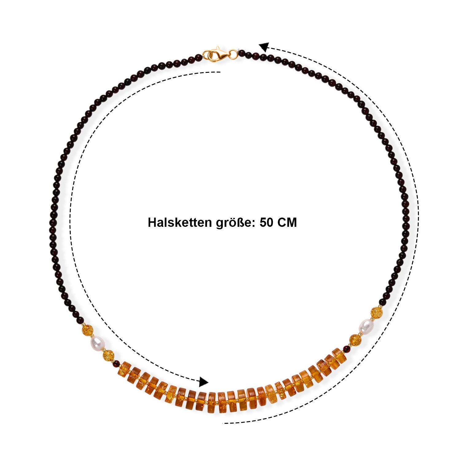 D'Joy Weiße Süßwasser Perle (6-8 mm), Mehrfarbiger Bernstein Halskette ca. 50 cm 925 Silber vergoldet