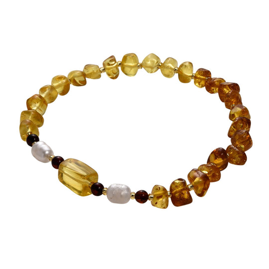 Weiße Süßwasser Perle (6-8 mm), Mehrfarbiger Bernstein Armband, Flexibles ca. 18 cm - 19 cm