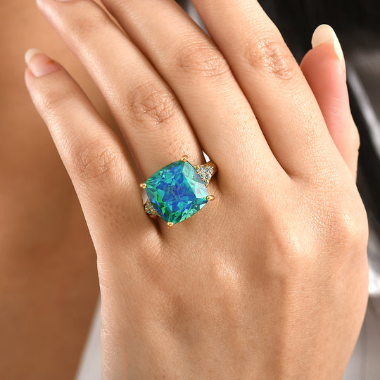 D'Joy Pfau Quarz Triplette, Blauer Apatit Ring 925 Silber 750 Gelbgold Vermeil (Größe 19.00) ca. 13,34 ct