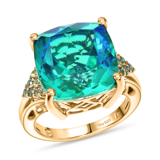 D'Joy Pfau Quarz Triplette, Blauer Apatit Ring 925 Silber 750 Gelbgold Vermeil (Größe 19.00) ca. 13,34 ct
