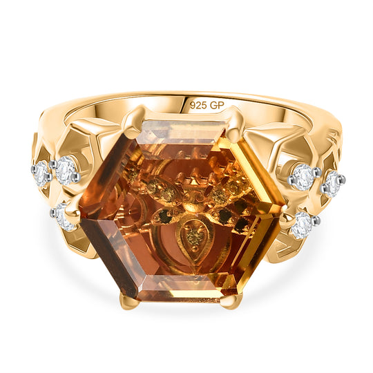 GP Trionfo Kollektion - Citrin, Weißer Zirkon Ring 925 Silber 750 Gelbgold Vermeil (Größe 18.00) ca. 7.38 ct