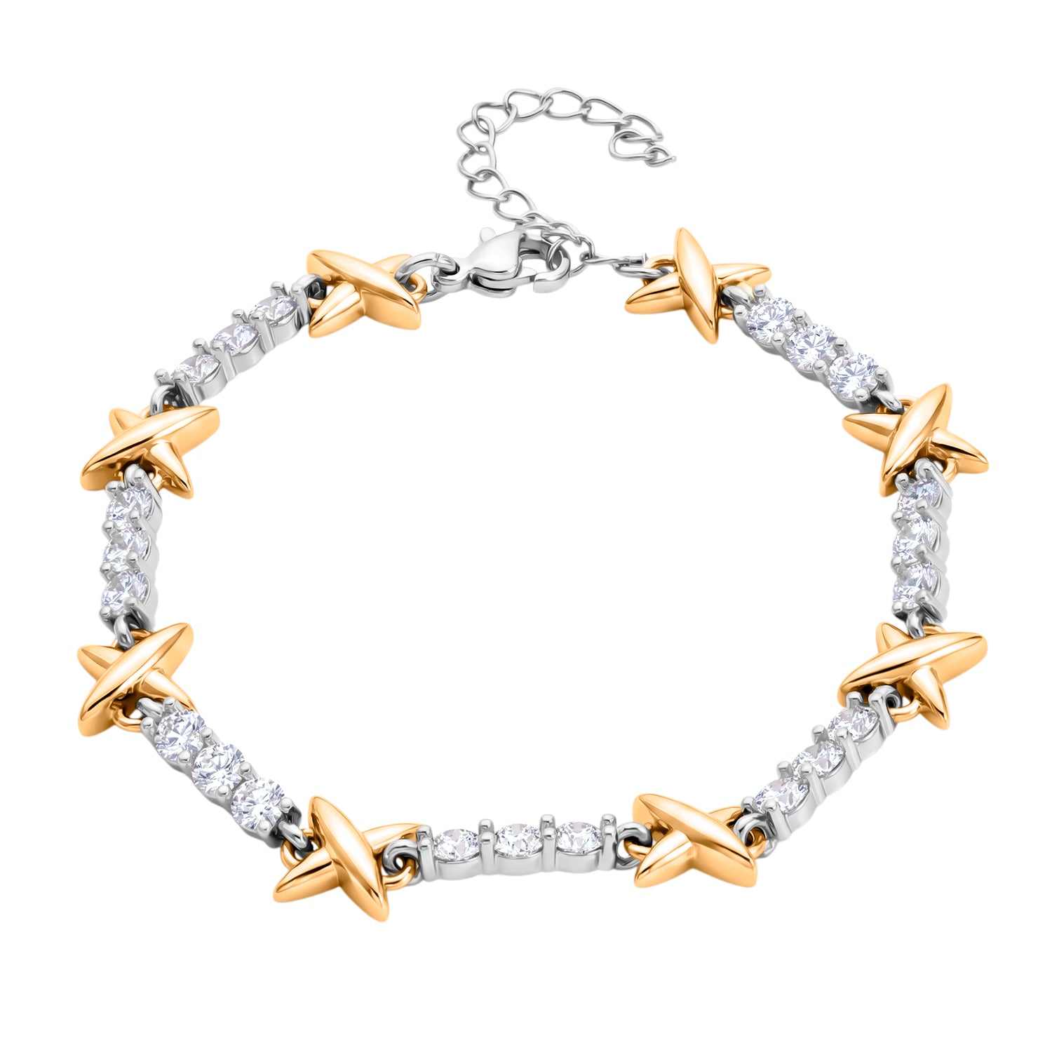 Weißer Zirkonia Armband ca. 19 cm + 5 cm Extender, Nickelfreies Messing, Bicolor