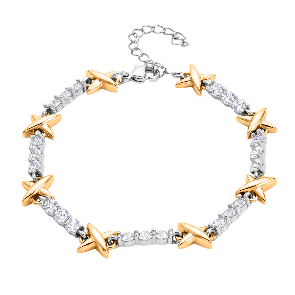 Weißer Zirkonia Armband ca. 19 cm + 5 cm Extender, Nickelfreies Messing, Bicolor