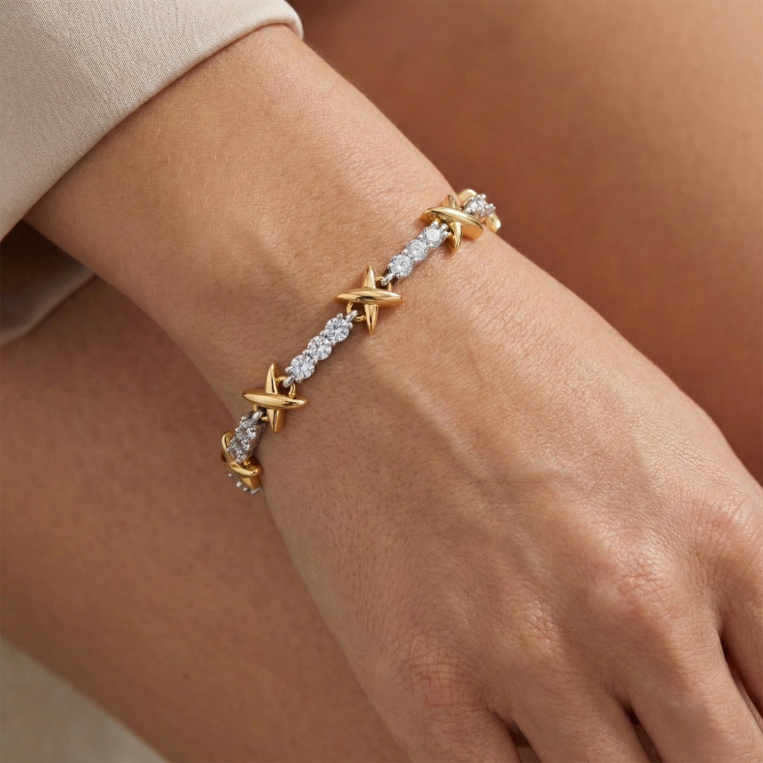 Weißer Zirkonia Armband ca. 19 cm + 5 cm Extender, Nickelfreies Messing, Bicolor