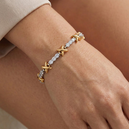 Weißer Zirkonia Armband ca. 19 cm + 5 cm Extender, Nickelfreies Messing, Bicolor