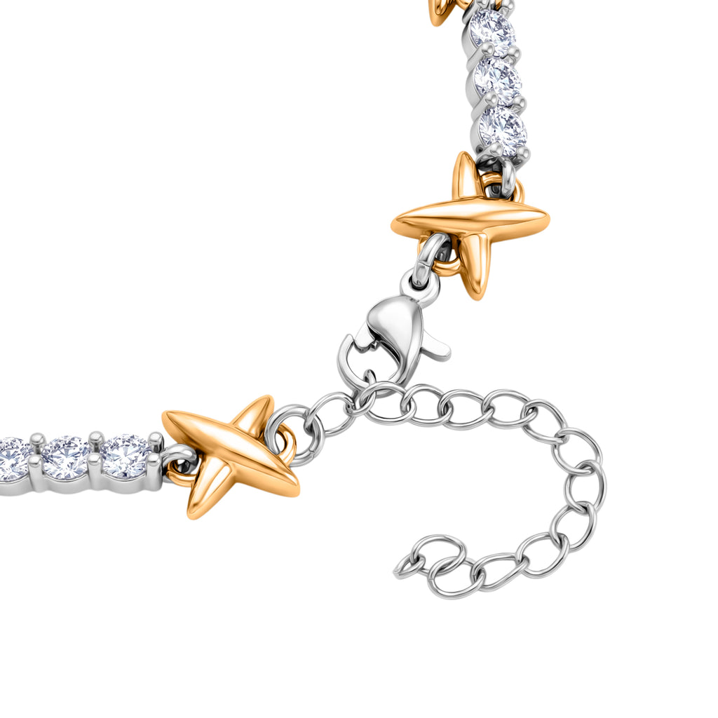Weißer Zirkonia Armband ca. 19 cm + 5 cm Extender, Nickelfreies Messing, Bicolor