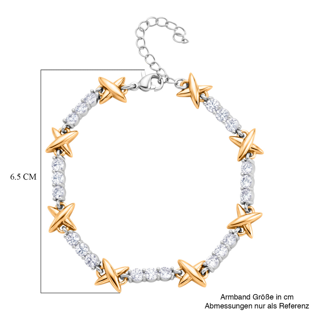 Weißer Zirkonia Armband ca. 19 cm + 5 cm Extender, Nickelfreies Messing, Bicolor