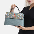 Florale Kunstprint Crossbody-Tasche mit gemustertem Schulterriemen, 29 x 11 x 21 cm, Petrol