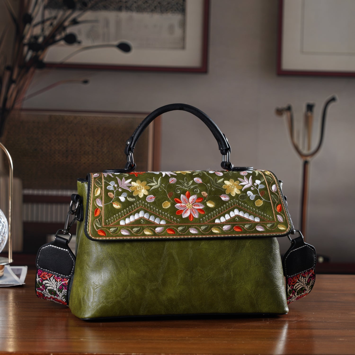Florale Kunstprint Crossbody-Tasche mit gemustertem Schulterriemen, 29 x 11 x 21 cm, Petrol