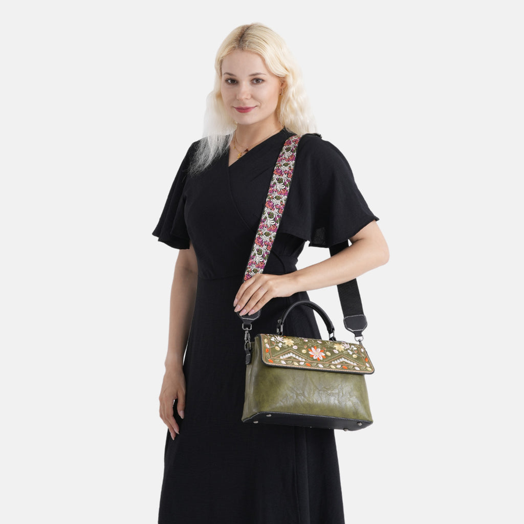Florale Kunstprint Crossbody-Tasche mit gemustertem Schulterriemen, 29 x 11 x 21 cm, Petrol