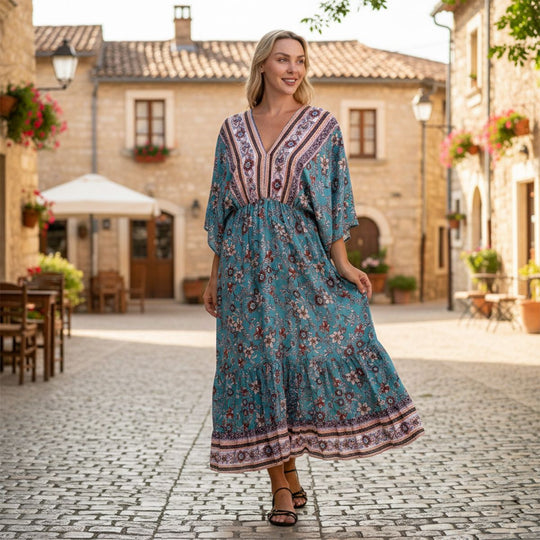 LA MAREY Viskose Kleid mit Kimonoärmeln, elastischer Taille, Einheitsgröße, mehrfarbig gemustert