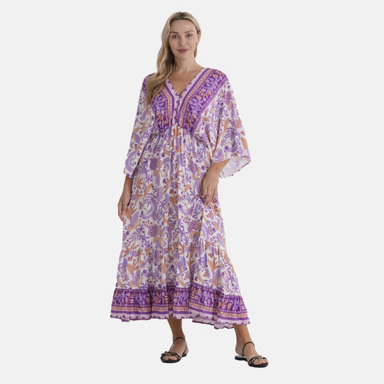 LA MAREY Viskose Kleid mit Kimonoärmeln, elastischer Taille, Einheitsgröße, mehrfarbig gemustert