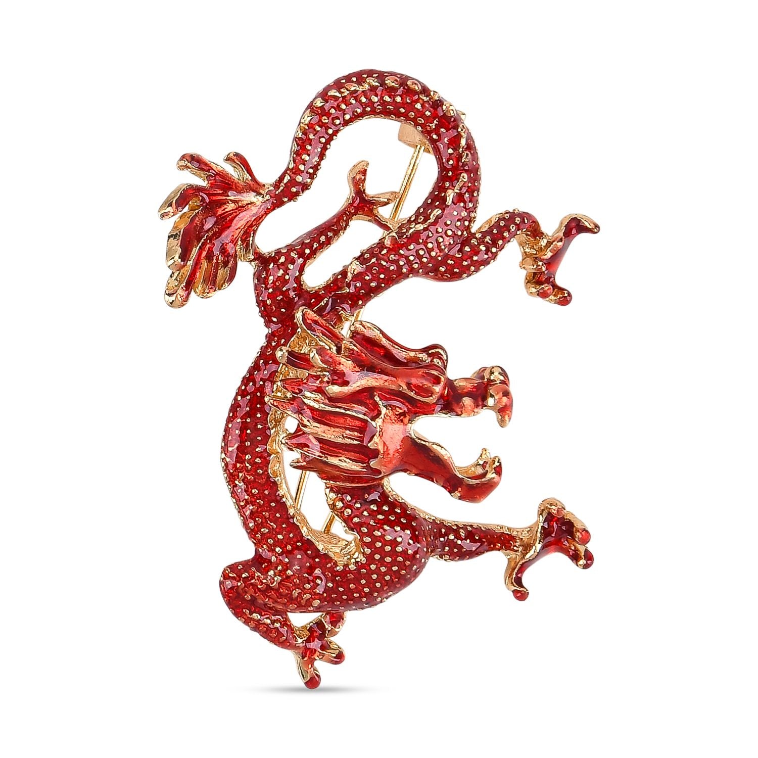 Rote Emaille Drachen Brosche mit Gold Optik