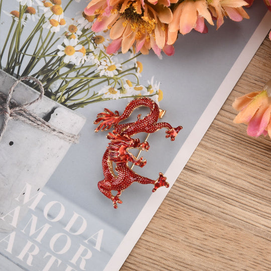 Rote Emaille Drachen Brosche mit Gold Optik