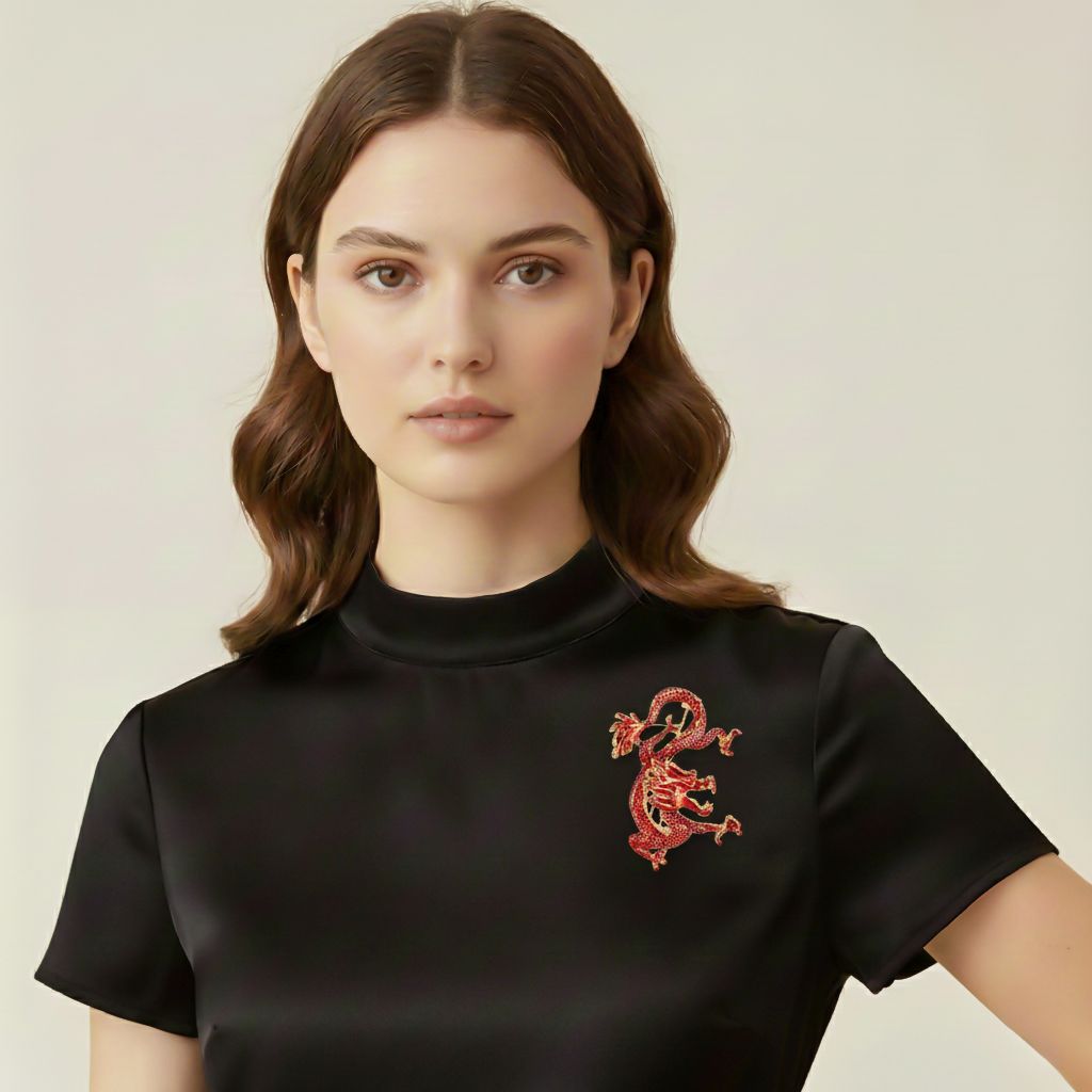 Rote Emaille Drachen Brosche mit Gold Optik