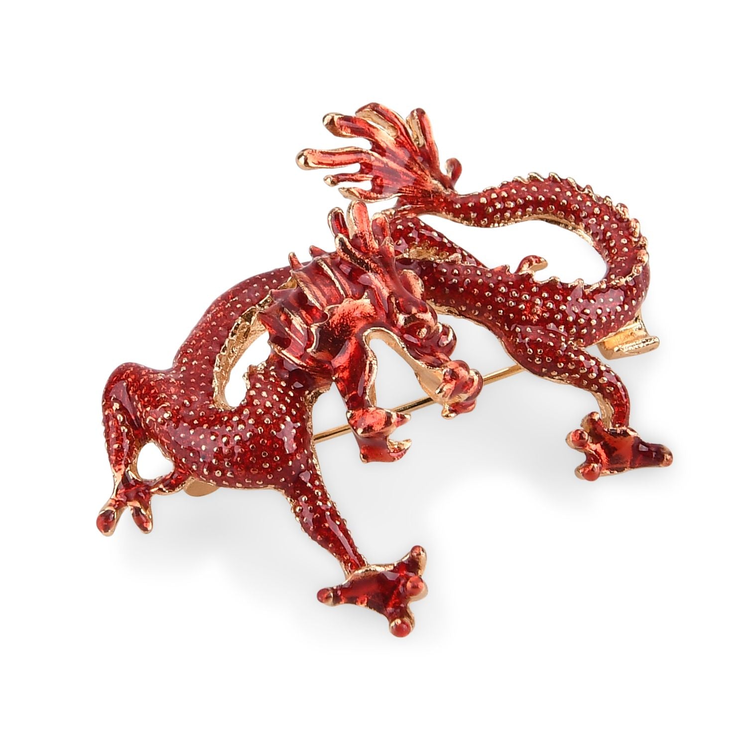 Rote Emaille Drachen Brosche mit Gold Optik