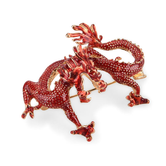 Rote Emaille Drachen Brosche mit Gold Optik