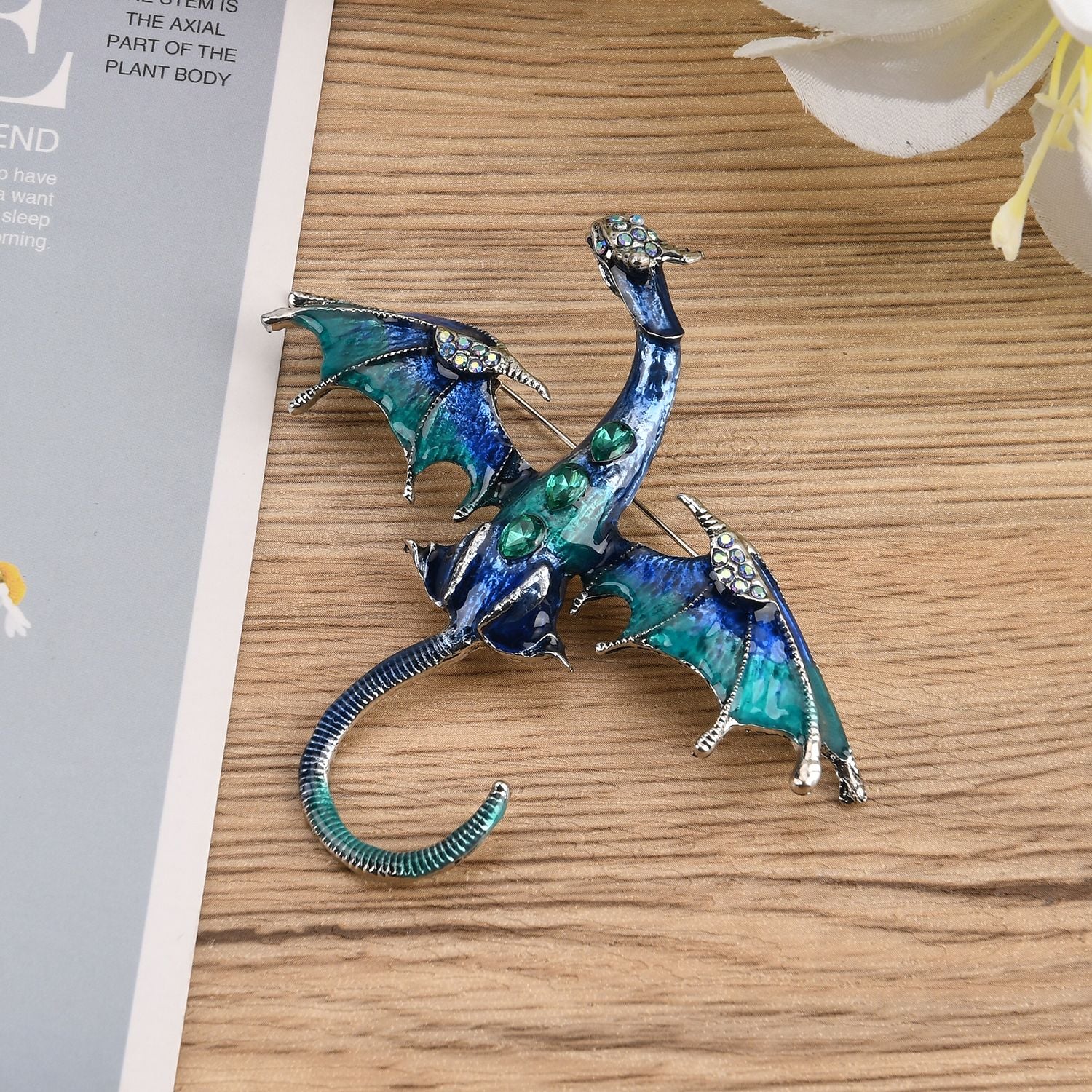 Drachen Grüner Kristall Brosche emailliert