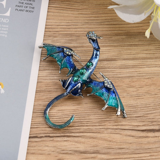 Drachen Grüner Kristall Brosche emailliert