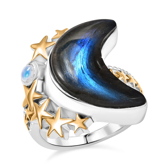D'Joy AAA Labradorit, Regenbogen Mondstein Ring 925 Silber Rhodiniert und 750 Gelbgold Vermeil (Größe 17.00) ca. 10.41 ct