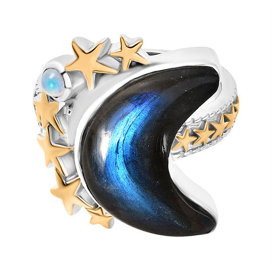 D'Joy AAA Labradorit, Regenbogen Mondstein Ring 925 Silber Rhodiniert und 750 Gelbgold Vermeil (Größe 17.00) ca. 10.41 ct