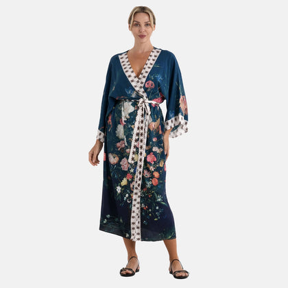 LA MAREY Kimono mit Vogel- und Blumenprint 100% Viskose, passend für EU 36-42,128 cm Länge, Rosa