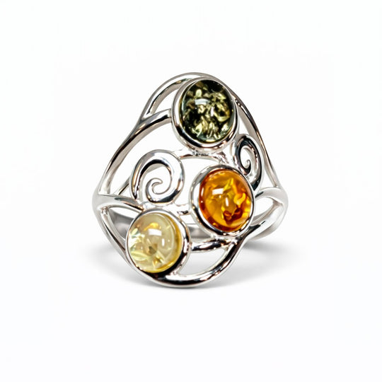 Natürlicher Baltischer TRICOLOR Bernstein Ring 925 Silber (Größe 19.00)