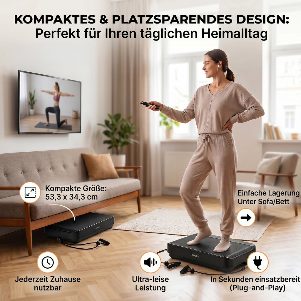 LIVMORE Vibrationsplatte Fitnessgerät, 9 Programme, 99 Geschwindigkeitsstufen, Bluetooth mit Lautsprecher, Fernbedienung, 53 x 34 x 11 cm, Weiß
