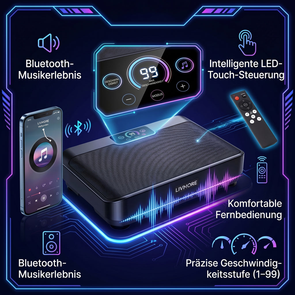 LIVMORE Vibrationsplatte Fitnessgerät, 9 Programme, 99 Geschwindigkeitsstufen, Bluetooth mit Lautsprecher, Fernbedienung, 53 x 34 x 11 cm, Weiß
