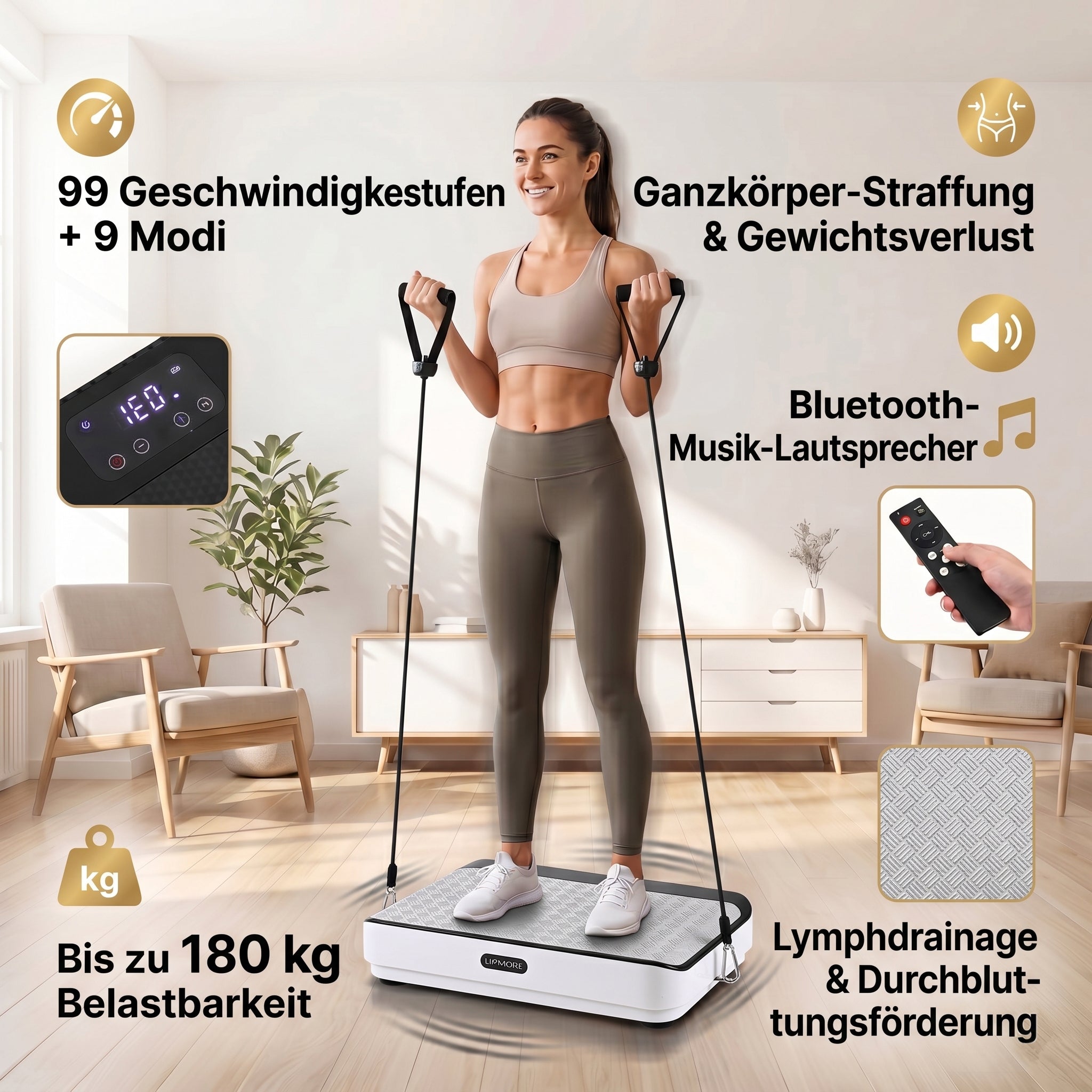 LIVMORE Vibrationsplatte Fitnessgerät, 9 Programme, 99 Geschwindigkeitsstufen, Bluetooth mit Lautsprecher, Fernbedienung, 53 x 34 x 11 cm, Weiß