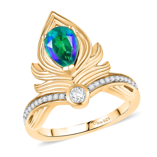 D'Joy Pfau Quarz Triplette, Weißer Zirkon Ring 925 Silber 750 Gelb Vergoldet (Größe 20.00) ca. 1,48 ct