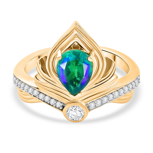 D'Joy Pfau Quarz Triplette, Weißer Zirkon Ring 925 Silber 750 Gelb Vergoldet (Größe 20.00) ca. 1,48 ct