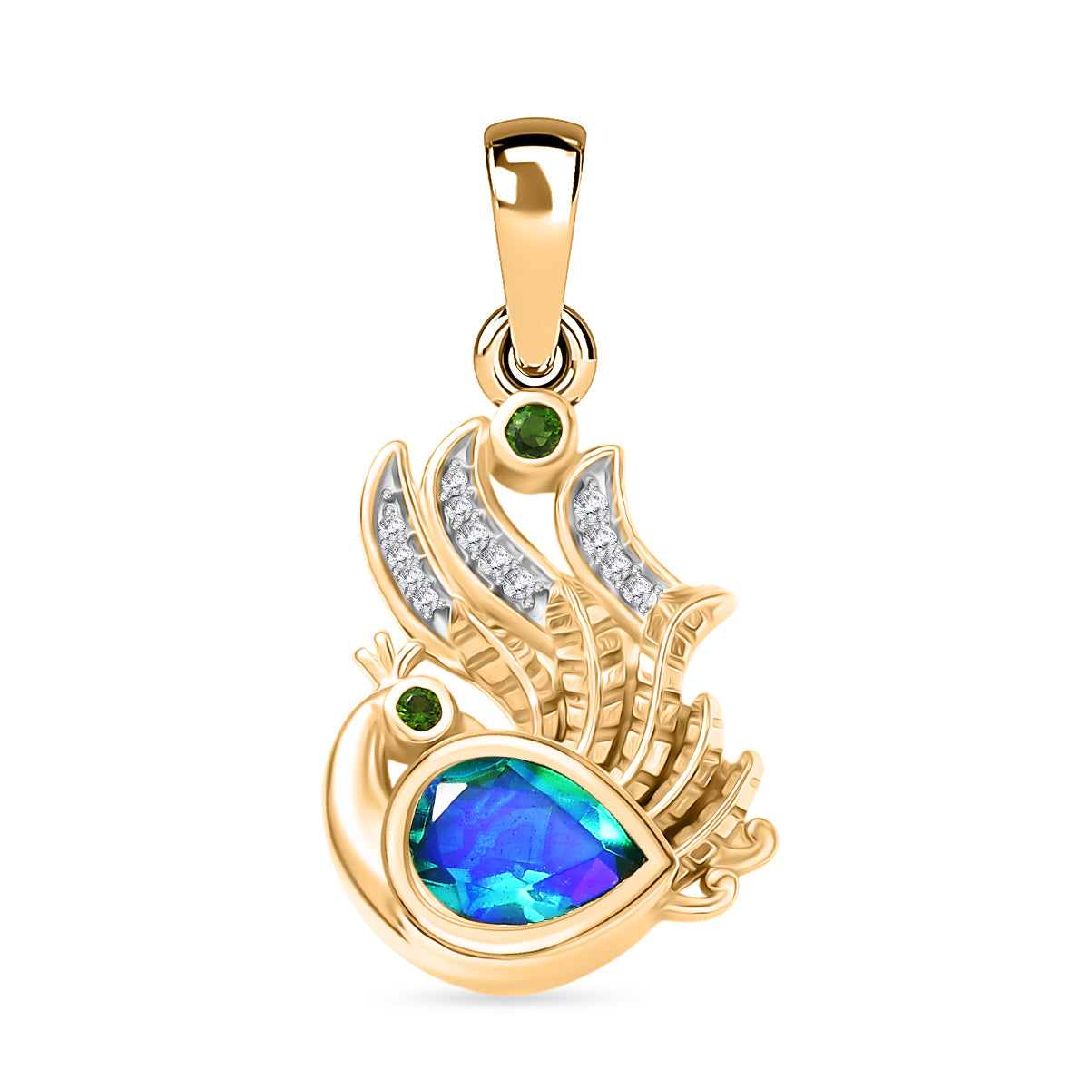 D'Joy Pfau Quarz Triplette, Natürlicher Chromdiopsid Anhänger 925 Silber 750 Gelb Vergoldet ca. 1.24 ct