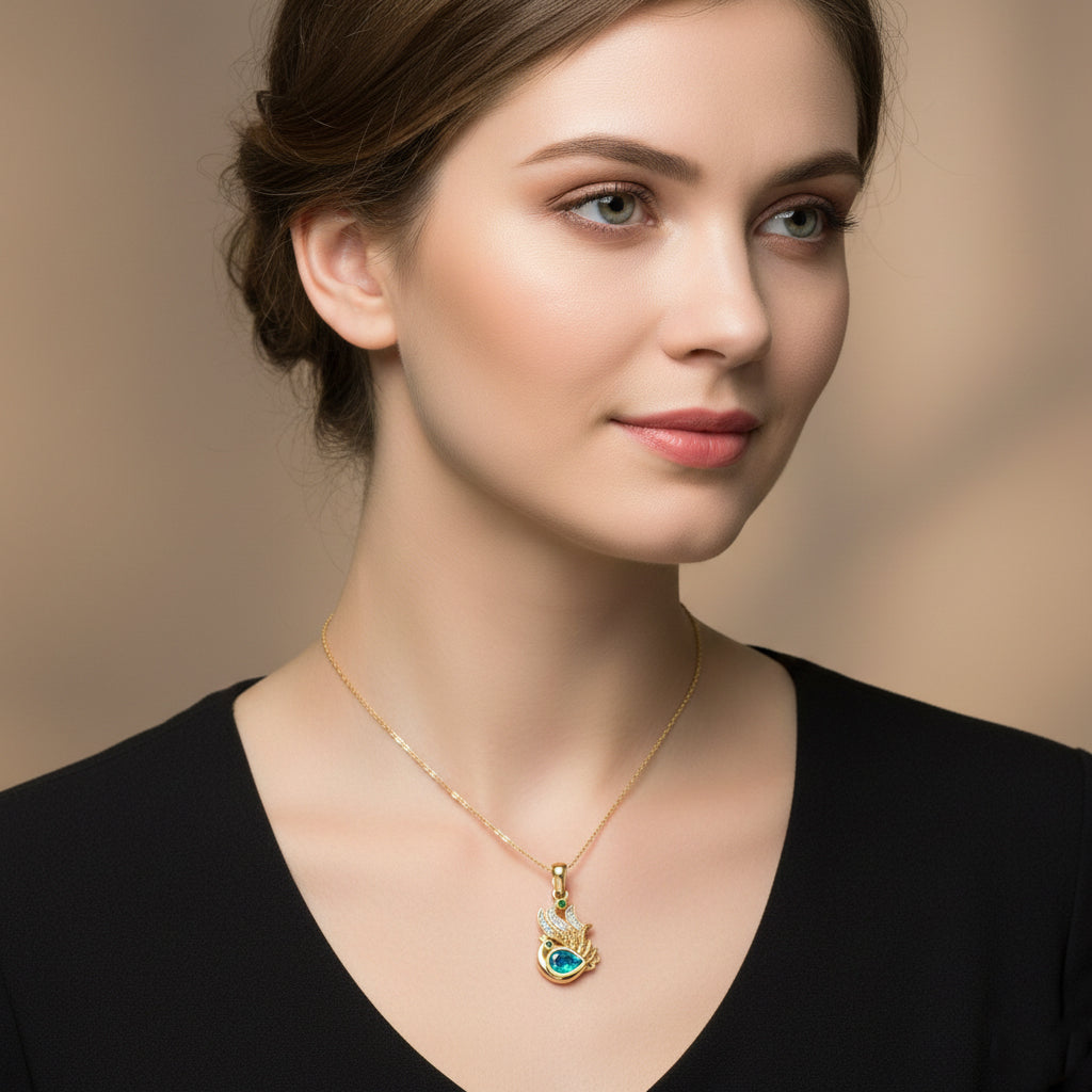 D'Joy Pfau Quarz Triplette, Natürlicher Chromdiopsid Anhänger 925 Silber 750 Gelb Vergoldet ca. 1.24 ct