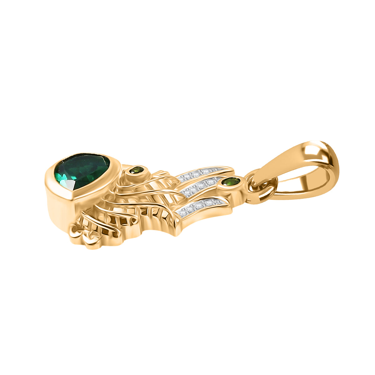 D'Joy Pfau Quarz Triplette, Natürlicher Chromdiopsid Anhänger 925 Silber 750 Gelb Vergoldet ca. 1.24 ct