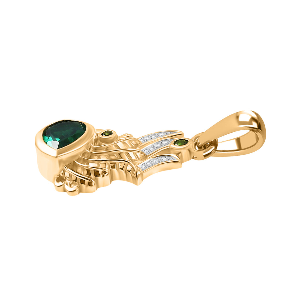 D'Joy Pfau Quarz Triplette, Natürlicher Chromdiopsid Anhänger 925 Silber 750 Gelb Vergoldet ca. 1.24 ct