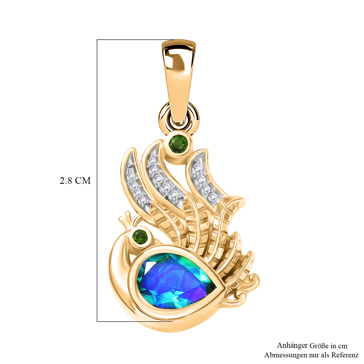 D'Joy Pfau Quarz Triplette, Natürlicher Chromdiopsid Anhänger 925 Silber 750 Gelb Vergoldet ca. 1.24 ct