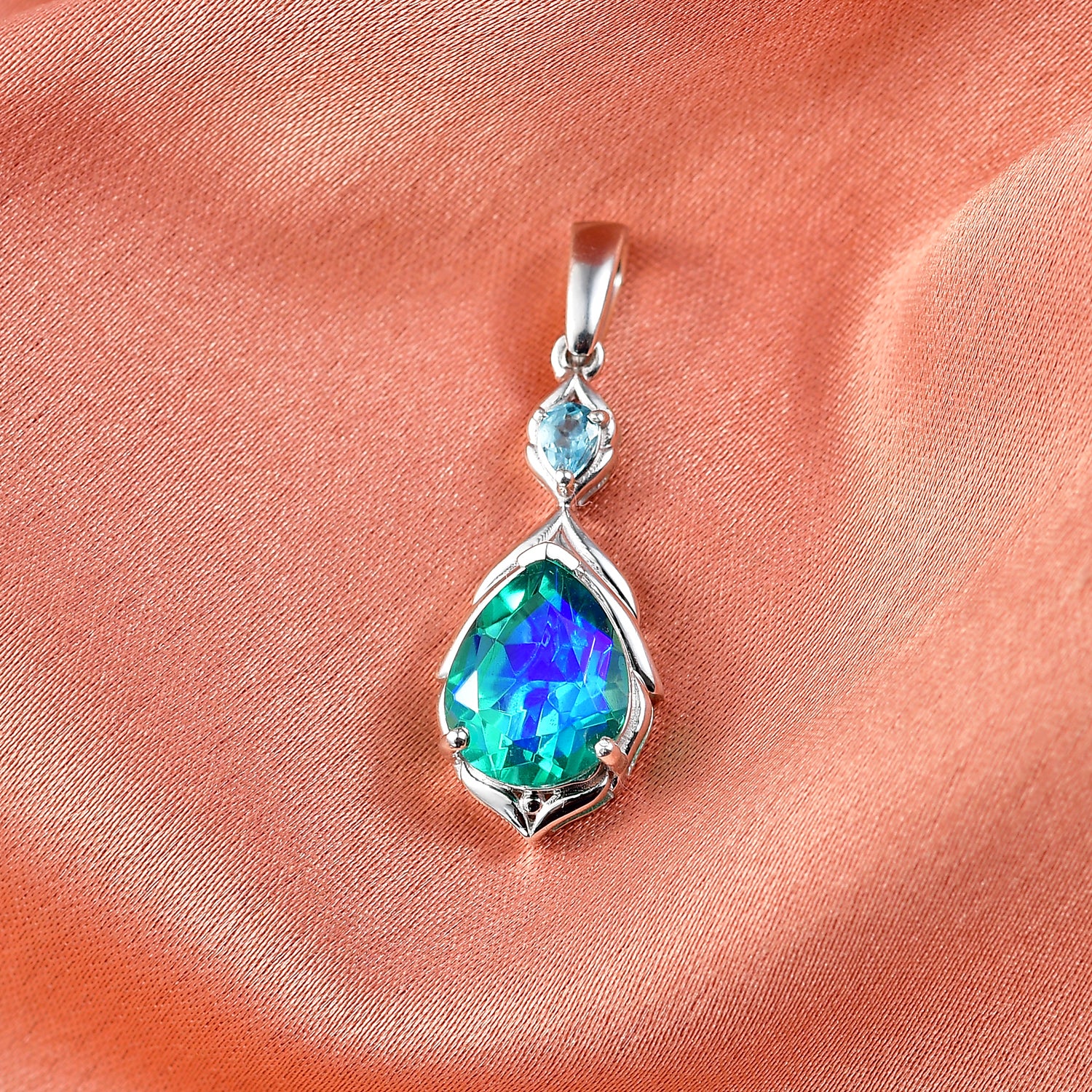 D'Joy Pfau Quarz Triplette, Blauer Apatit Anhänger 925 Silber rhodiniert ca. 3.48 ct