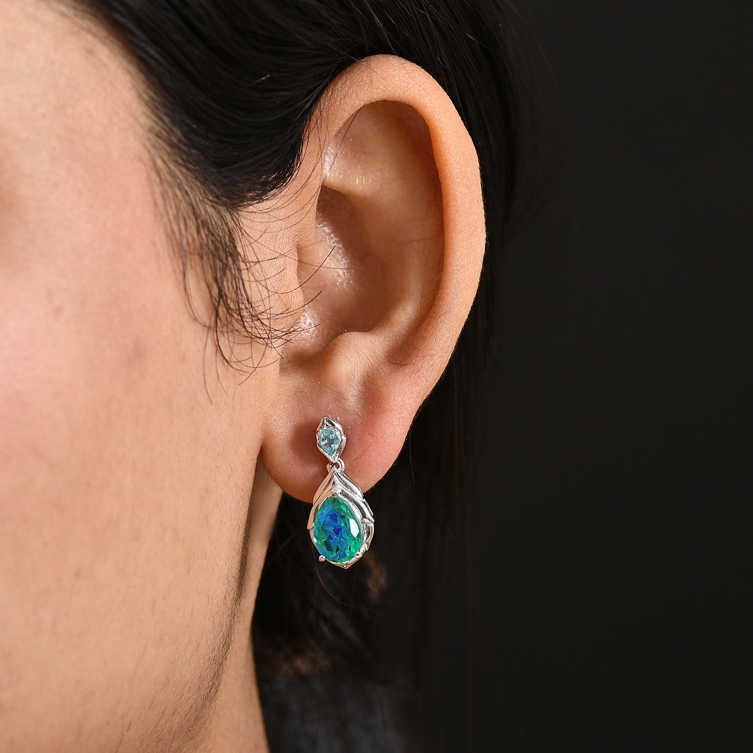 D'Joy Pfau Quarz Triplette, Blauer Apatit Ohrringe 925 Silber rhodiniert ca. 4.64 ct
