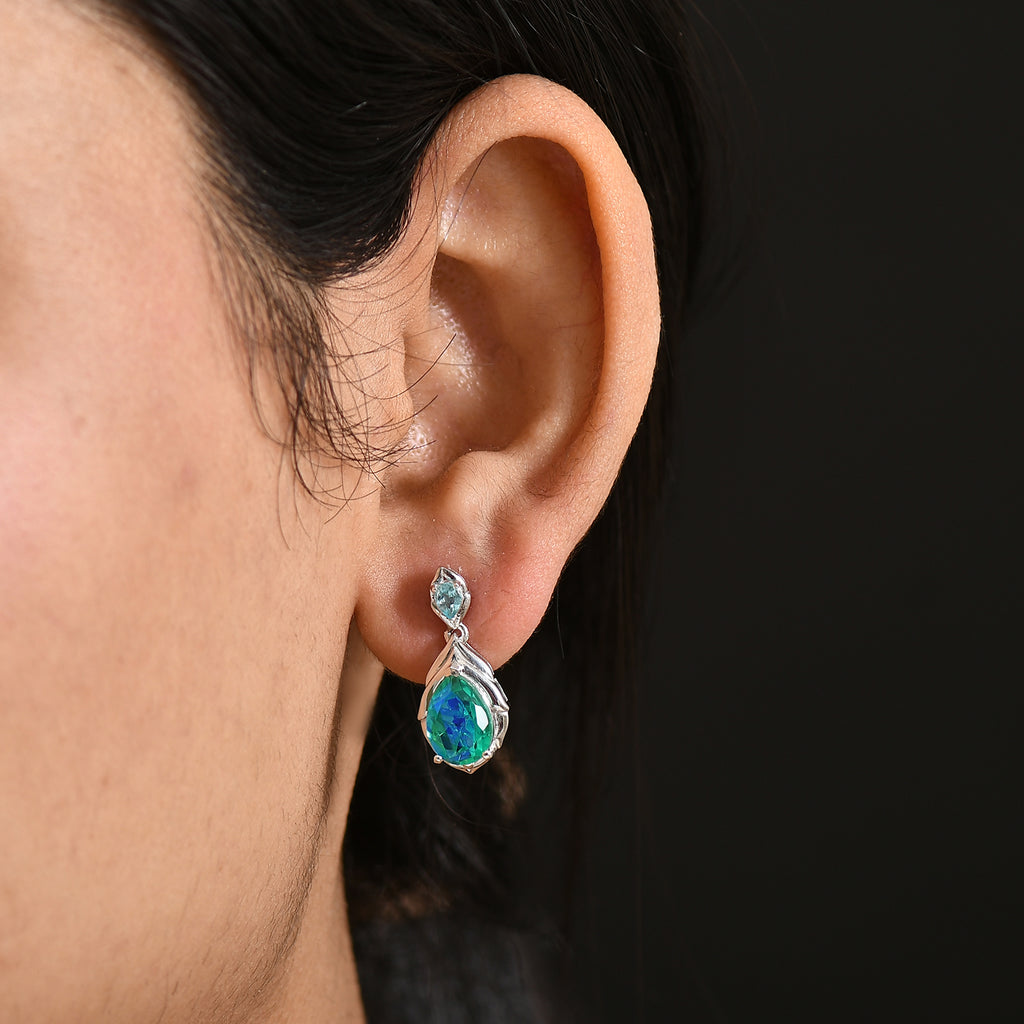 D'Joy Pfau Quarz Triplette, Blauer Apatit Ohrringe 925 Silber rhodiniert ca. 4.64 ct