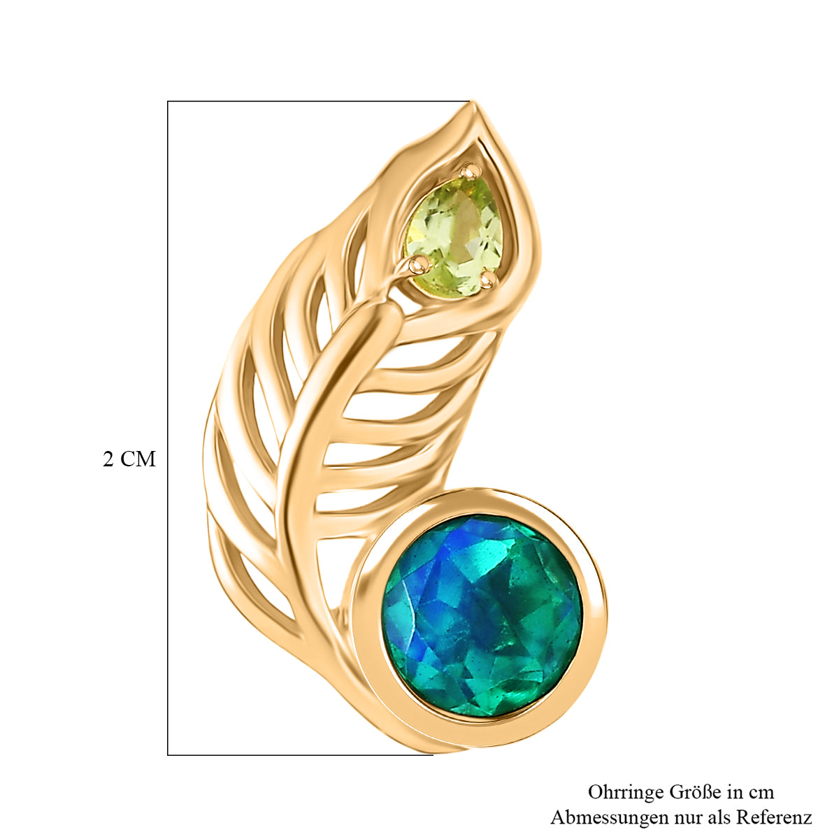 D'Joy Pfau Quarz Triplette, Peridot Ohrringe 925 Silber 750 Gelb Vergoldet ca. 2.45 ct